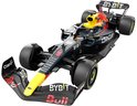 Zwarte Red Bull RB18 F1 raceauto model, van voren gezien met gele neus.