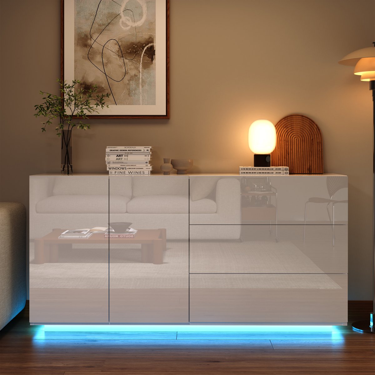 Witte Kast met 2 Deuren en 3 Laden, LED-Verlichting, Hoogglans, Moderne Opbergkast
