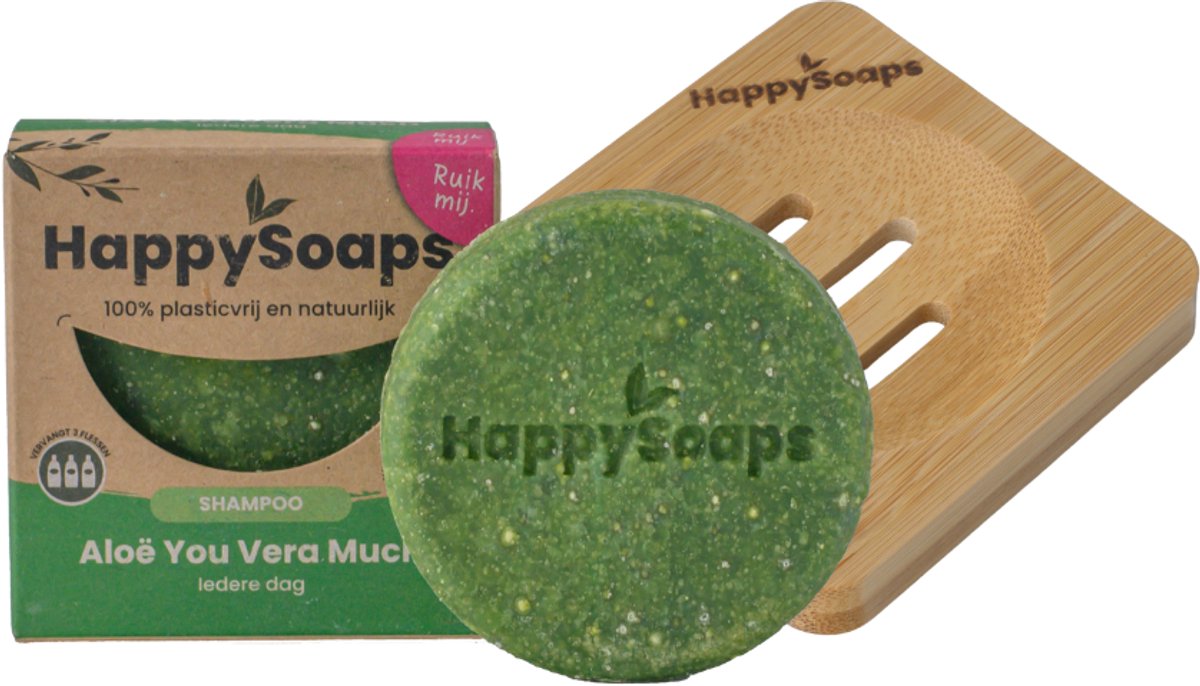 HappySoaps Aloë You Vera Much – Shampoo Bar + Bamboe Zeephouder – Natuurlijke & Plasticvrije Verzorgingsset