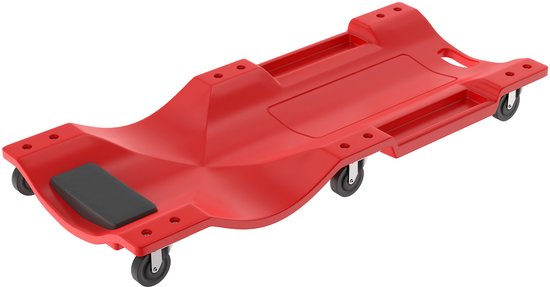 Rode werkplaatsrolplank met hoofdsteun en wielen, geïsoleerd op witte achtergrond.