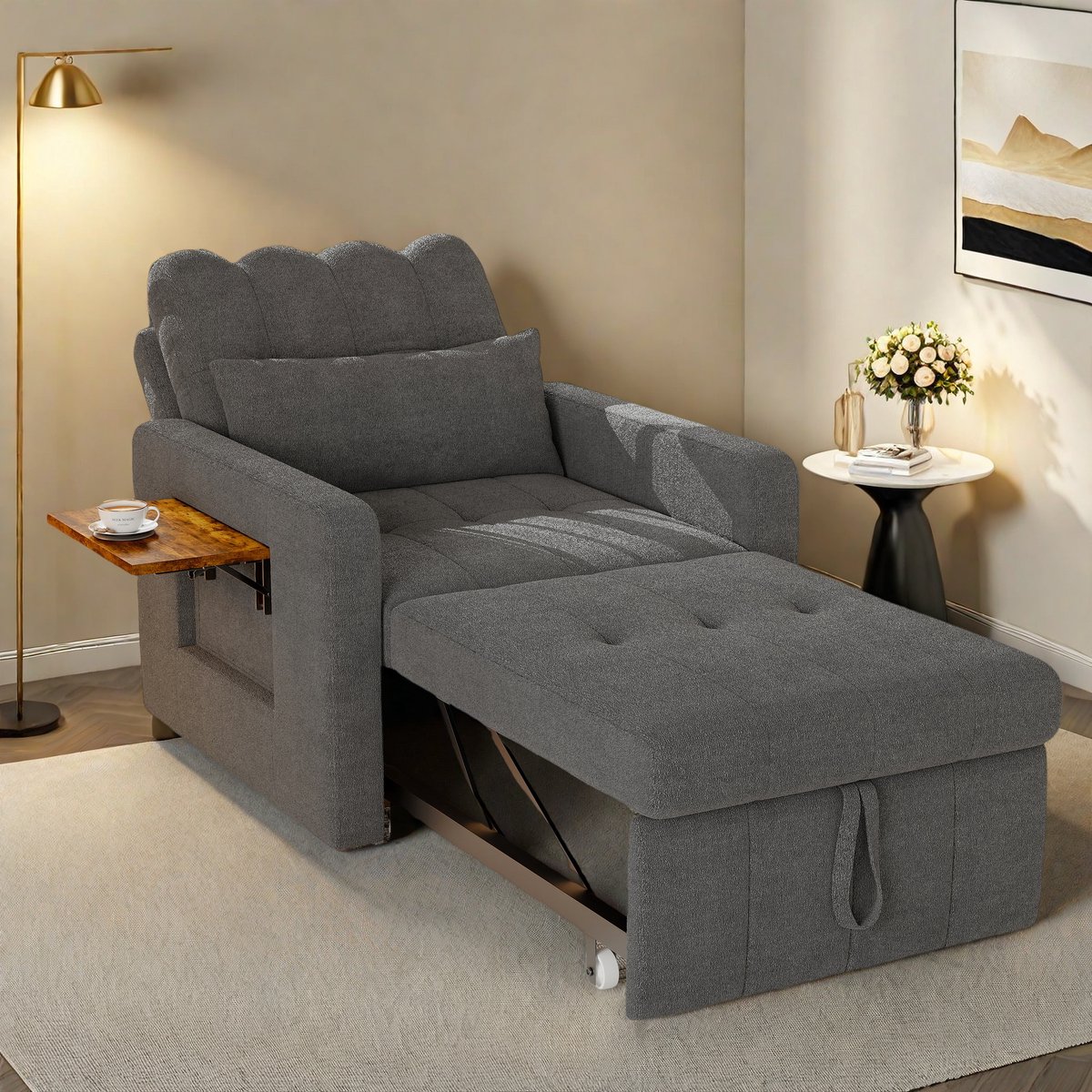 Eenpersoons Slaapbank 2-in-1 met Verstelbare Rugleuning – Chenille Bankbed met Zijtafel & Opbergvak, Grijs