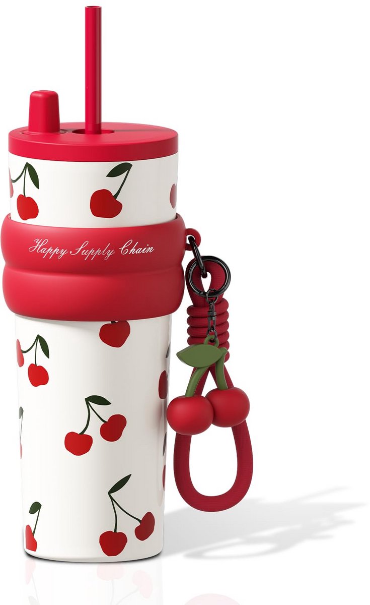 Kraftverdia RVS Drinkfles 680 ml - Vacuüm Geïsoleerd met Lekslot en Rietje - Houdt Dranken 12 uur Warm & 24 uur Koud - Geschikt voor Sport, Reis en Kantoor - Kers Rood voor Vrouwen
