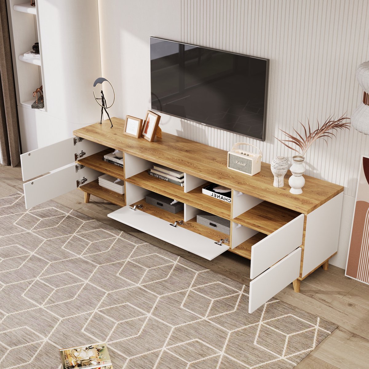HAUSS SPOLE TV-Meubel - Modern TV-Meubel Met 4 Deuren En 2 Binnenvakken - Stijlvolle Wit En Houtlook Voor Woonkamer En Mediaopslag - MDF - 175x37x51 cm - Wit