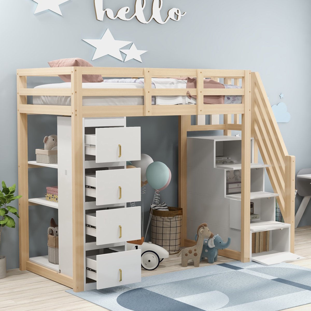 OKWISH Hoogslaper 90x200 cm - Met 4 Extra Grote Lades, 3 Planken en Veiligheidsladder - Massief Hout - Lichtbruin - Zonder matras Naturel