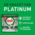 Verpakking Dreft Platinum "All in One" vaatwastabletten. Bevat 34 tabletten. "Schoon in één keer", "Super glans", "Machine-reiniging".
