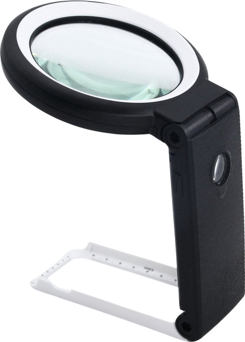 Handloep met 30x en 10x vergroting, LED-verlichting, inklapbaar handvat voor het gemakkelijk lezen van hele pagina's, krantenhouder en drie selecteerbare lichtkleuren.