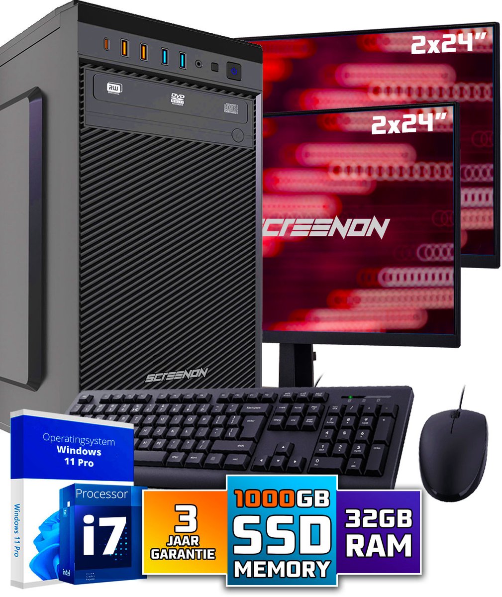 Intel Compleet PC SET | Intel Core i7 | 32 GB DDR4 | 1 TB SSD + 2 x 24 Inch Monitor + Muis + Toetsenbord | Windows 11 Pro + WiFi & Bluetooth