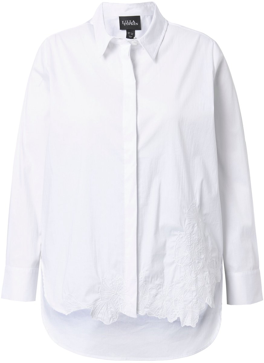 Ulla Popken - Dames - Blouse bloemborduursel overhemdkraag lange mouwen - Off-white - Maat 54+