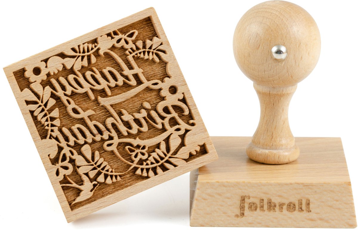 Folkroll koekjesstempel Happy Birthday, 55x55 mm, koekjesstempel, bakstempel, koekje, stempel, motief, beukenhout, 334850