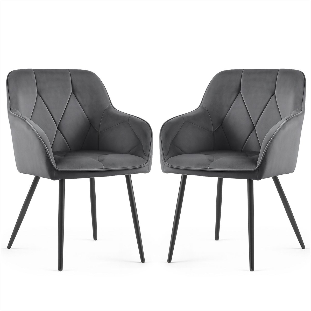 Set van 2 Eetkamerstoelen DIAMANTE met Armleuningen / Gestoffeerde Stoelen / Fluwelen Stoelen en Metalen Poten / Antraciet met zwarte benen