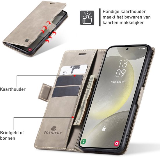 Beige telefoonhoesje in boekstijl met kaarthouder, vak voor briefgeld, en RFID-blokkering.