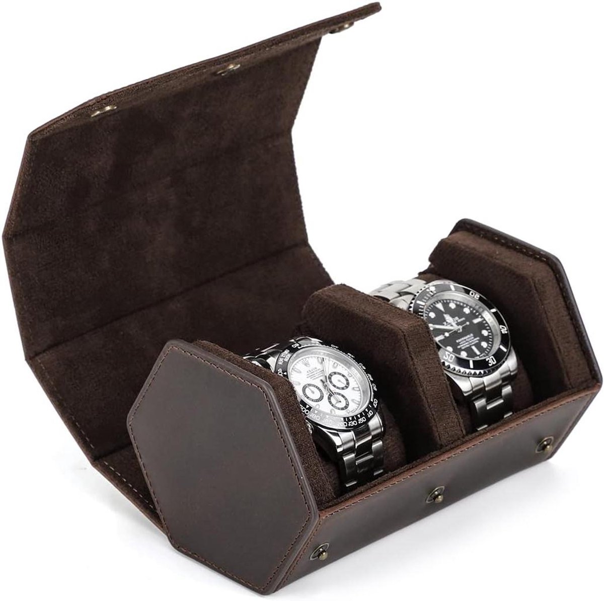 Horlogedoos voor op reis - Lederen opbergkoker - Geschikt voor 2 horloges - Beschermende organizer - Reisaccessoire - Zeshoekig design - Donkerbruin-leder.