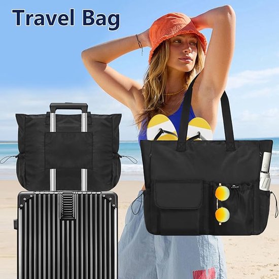 Stunq® Grand sac de plage pour femmes, léger, polyvalent sac à main pour femmes avec fermeture éclair, sac de natation imperméable, sac de transport, sac de sauna, sac de transport pour voyages de plage en famille, blanc
