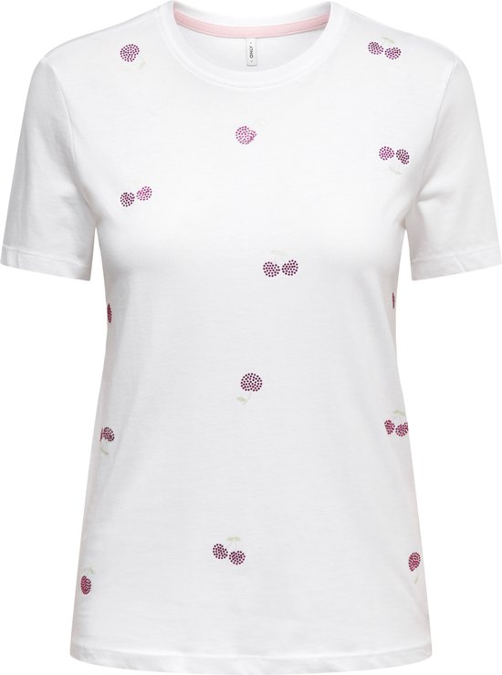 Wit T-shirt met korte mouwen en een all-over print van roze kersen met glitterdetails.