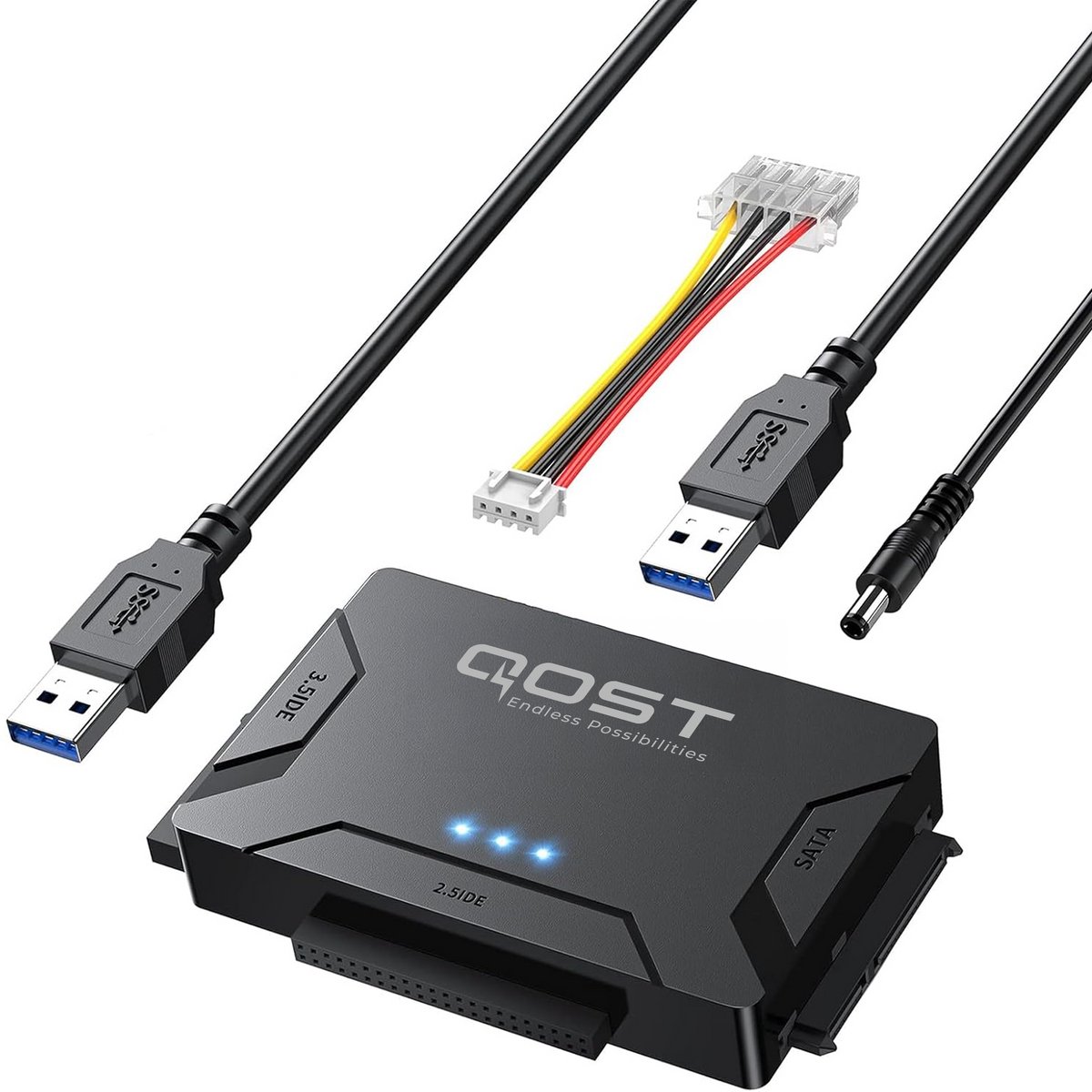 Qost - USB-A naar SATA III & IDE Adapter - 2.5 + 3.5 Inch - Harde Schijf Adapter - Capaciteit tot 24TB - Zwart