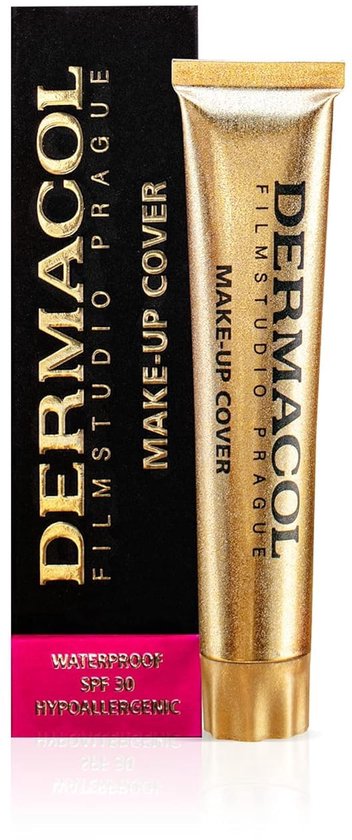 Een gouden tube Dermacol Make-Up Cover foundation naast de zwarte verpakking. De verpakking vermeldt 'Waterproof SPF 30 Hypoallergenic'.