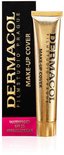 Een gouden tube Dermacol Make-Up Cover foundation naast de zwarte verpakking. De verpakking vermeldt 'Waterproof SPF 30 Hypoallergenic'.
