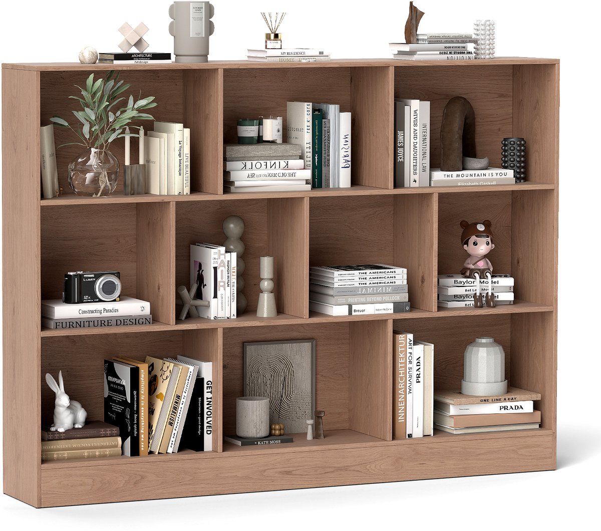 Costway Boekenkast met 10 vakken, staand rek met 3 niveaus, kubusrek, kantoorplank, opbergrek voor woonkamer, slaapkamer, werkkamer, kantoor, 140 x 24 x 104 cm (natuur)