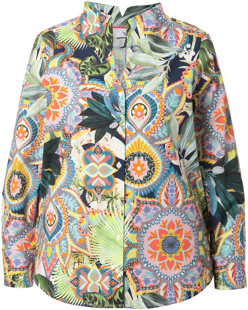 Ulla Popken - Dames - Blouse goblet kraag hertenprint lange mouwen - Marine - Maat 62+