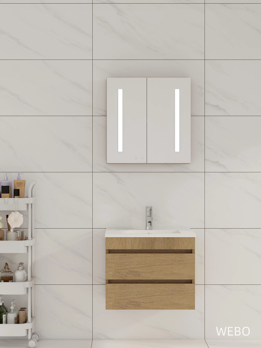 60cm Badmeubel WEBO Paris Compleet Geleverd Eiken inclusief spiegelkast met verlichting en kraan en afvoer