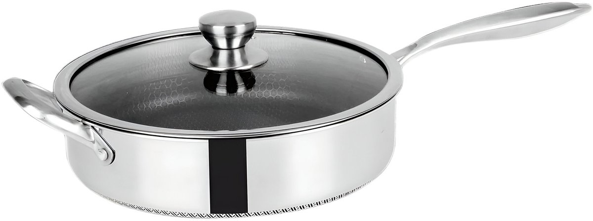 Cheffinger, Hoge Koekenpan 28cm Honingraat Coating met Lange Handgreep en Deksel, Zilver