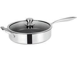 Cheffinger, Hoge Koekenpan 28cm Honingraat Coating met Lange Handgreep en Deksel, Zilver