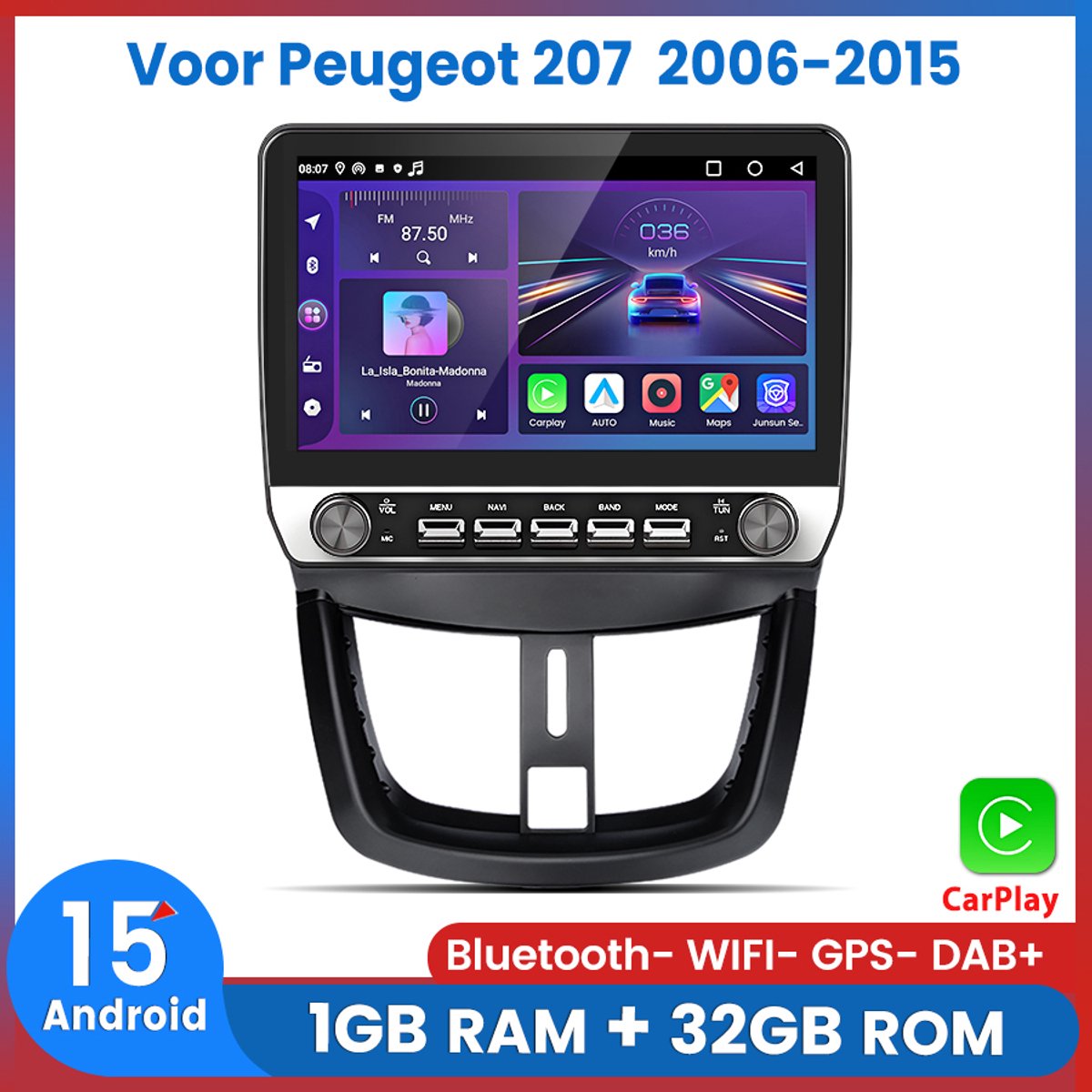 Awesafe Autoradio - 10.1 Inch Touchscreen - Geschikt Voor Peugeot 207 2006 t/m 2015 - Draadloos Apple CarPlay Android Auto - Bluetooth RDS DSP Wifi - 1GB RAM + 32GB ROM - Radio Scherm - 2006 2007 2008 2009 2010 2011 2012 2013 2014 2015