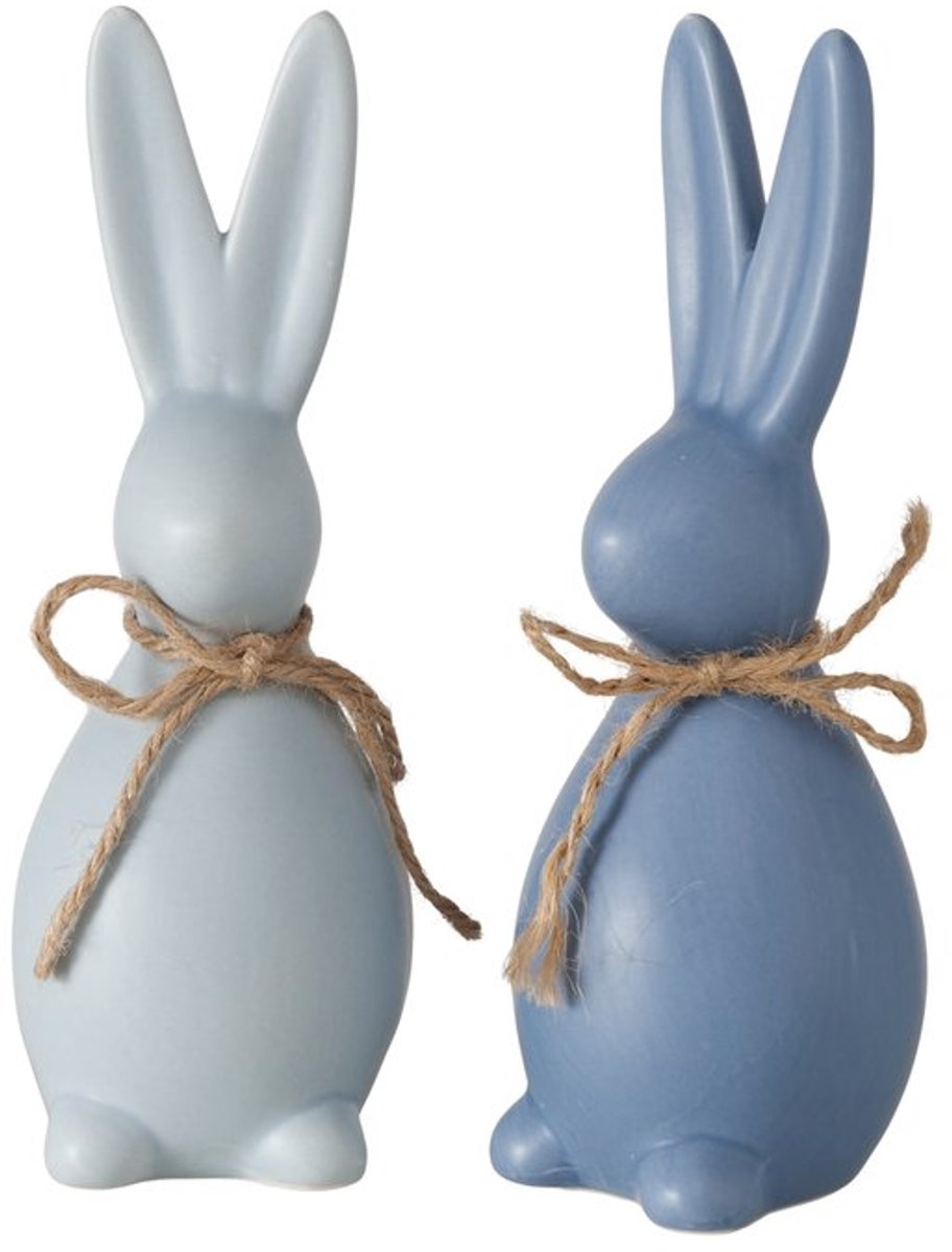 Boltze - Set van 2 - Haasjes - Beeldjes - Keramiek - Blauw - Pasen - Voorjaar - 18.5x6.5cm