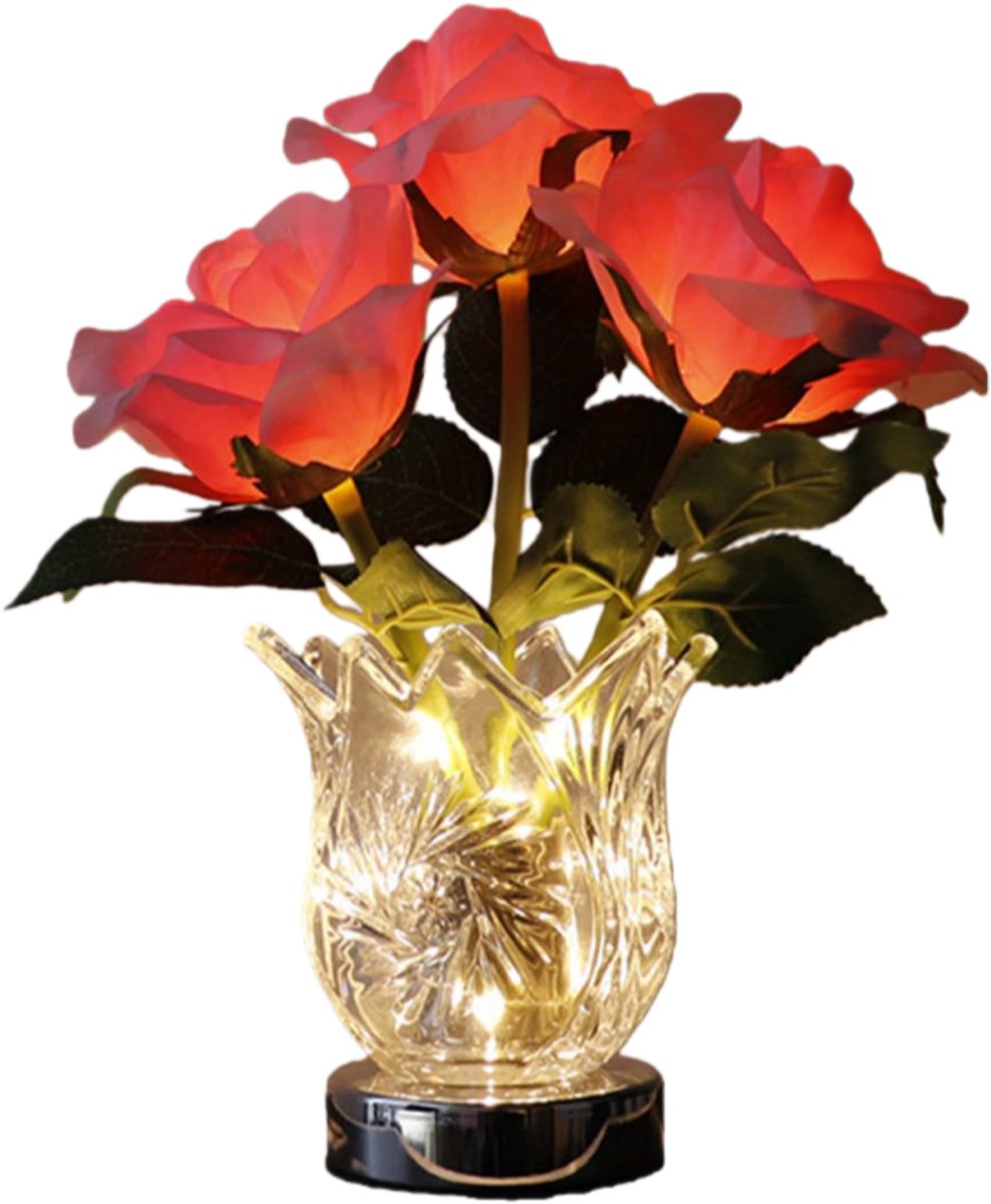 longziming -Verlichte Bloemenvaas met Roos – Decoratieve Tafellamp & Nachtlamp – Sfeervolle Kunstbloem Lamp voor Woonkamer en Slaapkamer