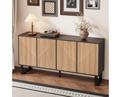 OKWISH Dressoir – Modern – Meerdere Deuren – Zonder LED – Minimalistisch Met 3D-Deuren En Veel Opbergruimte – MDF;Spaanplaat Zwart+Lichtbruin – 160x38x75 cm