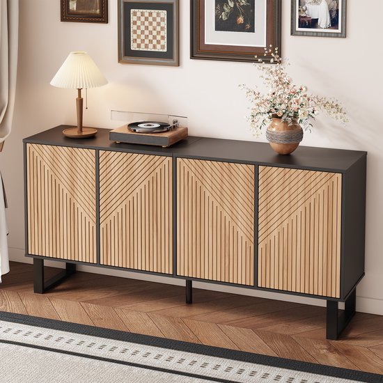 OKWISH Dressoir – Modern – Meerdere Deuren – Zonder LED – Minimalistisch Met 3D-Deuren En Veel Opbergruimte – MDF;Spaanplaat Zwart+Lichtbruin – 160x38x75 cm
