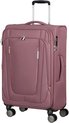 Vooraanzicht van de roze American Tourister koffer met handvat, ritsen en wielen.