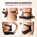 Vier stappen van het aantrekken van een zwarte zwangerschapsbuikband door een vrouw.