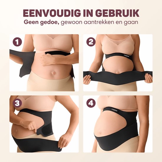 Vier stappen van het aantrekken van een zwarte zwangerschapsbuikband door een vrouw.
