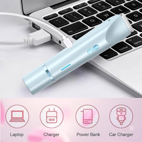 Blauw ontharingsapparaat dat wordt opgeladen via een laptop. Iconen van opladen via laptop, oplader, powerbank en auto-oplader.