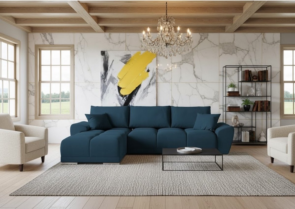 L-Vormige Fluwelen Hoekbank met Slaapfunctie en Opbergruimte – Luxe Uittrekbare Slaapbank 289x189 cm met Kussens – Comfortabele Blauwe Hoekbank Bedfunctie – CollFeel Schuim – Ganeey