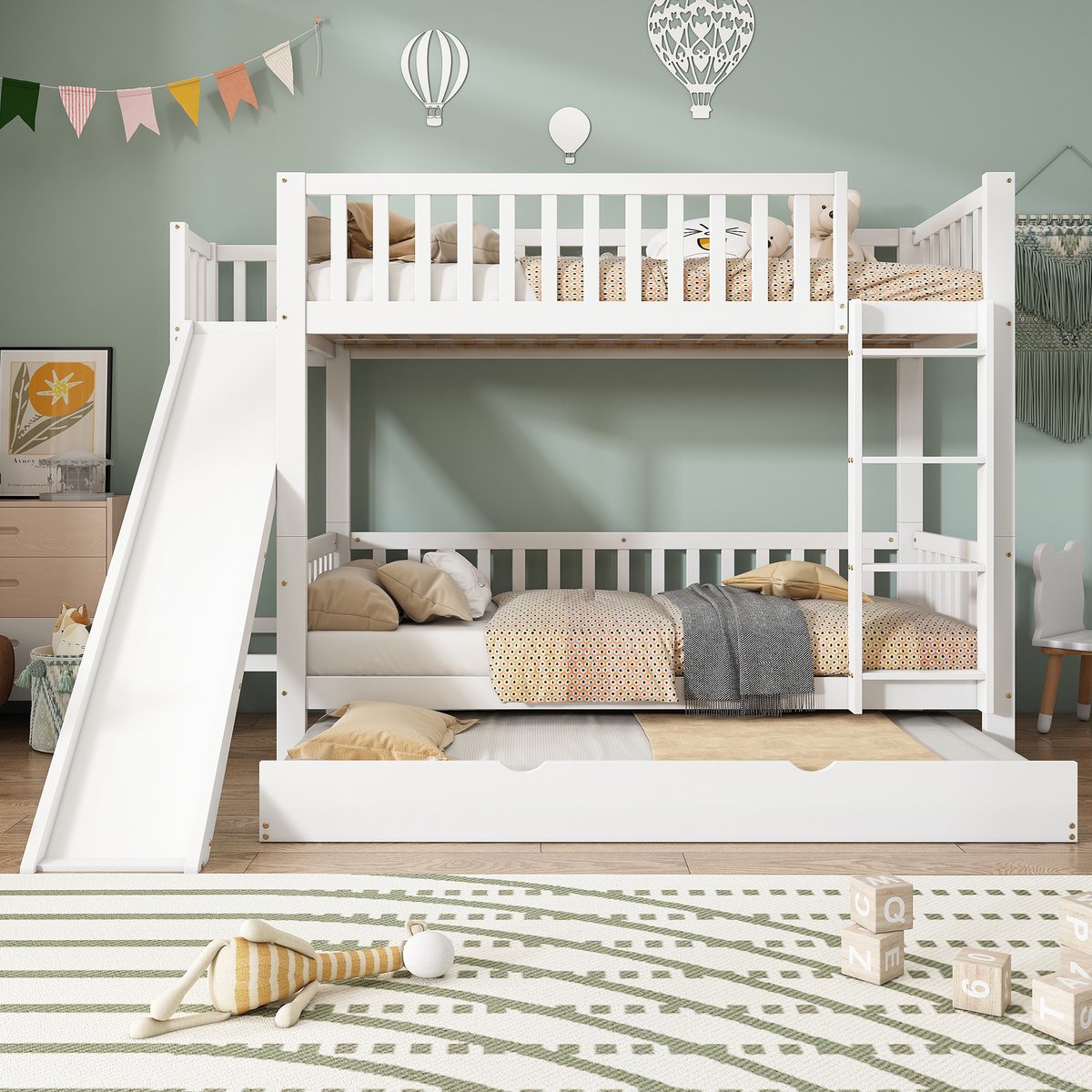MODFU Kinderstapelbed met uitschuifbed – Glijbaan – Opbergrek – Veiligheidsrail – 4-traps rechte ladder – Wit – 90x200/190 cm