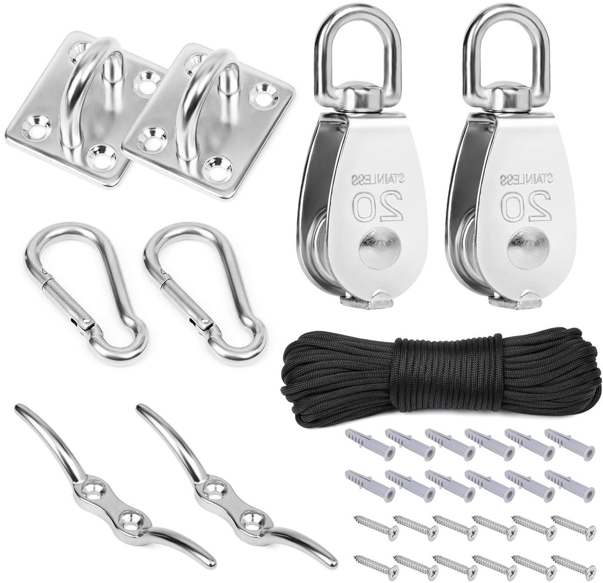 EGoods - RVS Kraan Katrol Blok met Torenkraan Haak - Enkele Ophangende Draaibare Wiel met Nylon Lijn Touw, Karabijnhaak & Oog Plaat - Draagvermogen 150kg/330lbs.