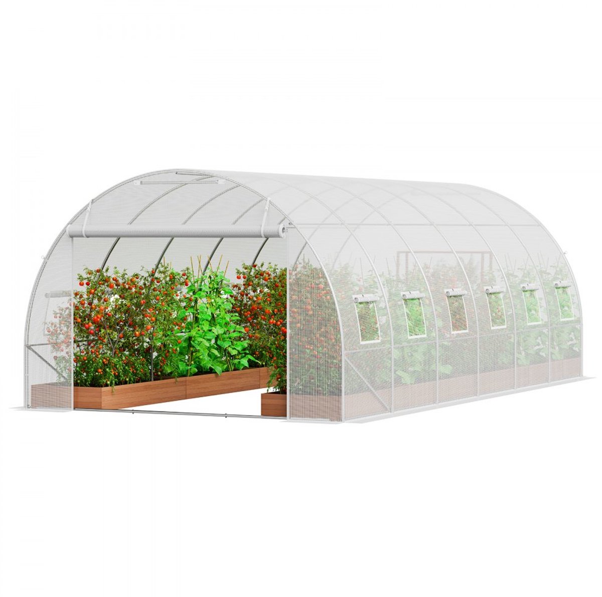 Tunnelkas - Walk-in Foliekas - Afmetingen 6,8 x 2,8 x 2,0 m - Gegalvaniseerd stalen frame - PE-folie - Oprolbare deur met rits - Met 12 ramen - Voor buiten - Wit