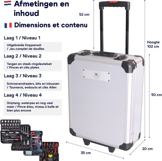 Aluminium gereedschapskoffer met gespecificeerde afmetingen en lagen gereedschap.