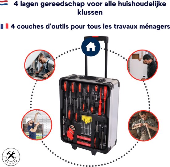 Aluminium gereedschapskoffer met handgreep en wielen, omringd door cirkels met mensen die klussen.