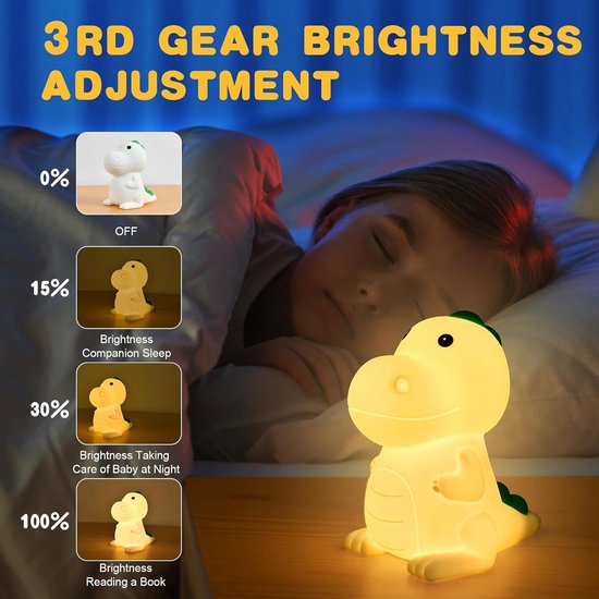 Nachtlampje voor kinderen, 7-kleurige, 3-lichts LED-dinosaurus-siliconenlamp, aanraakbediening/oplaadbaar via USB, dimbare kinderlamp voor de slaapkamer. van Merkloos — afbeelding 4