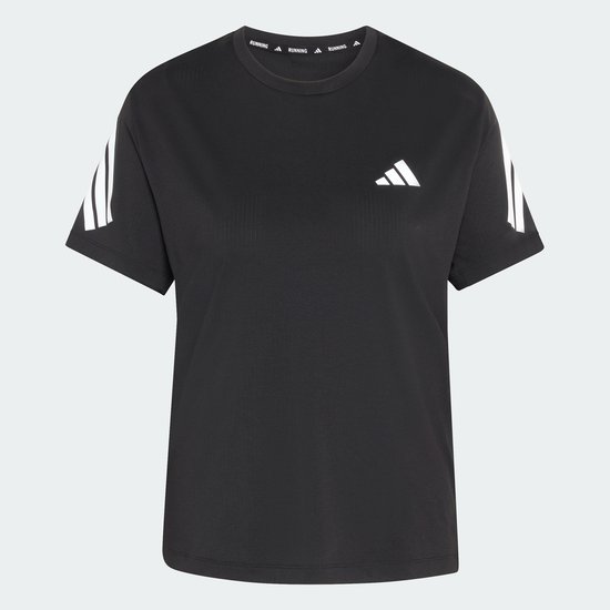 Zwart sportshirt met witte Adidas strepen op de mouwen en Adidas logo.