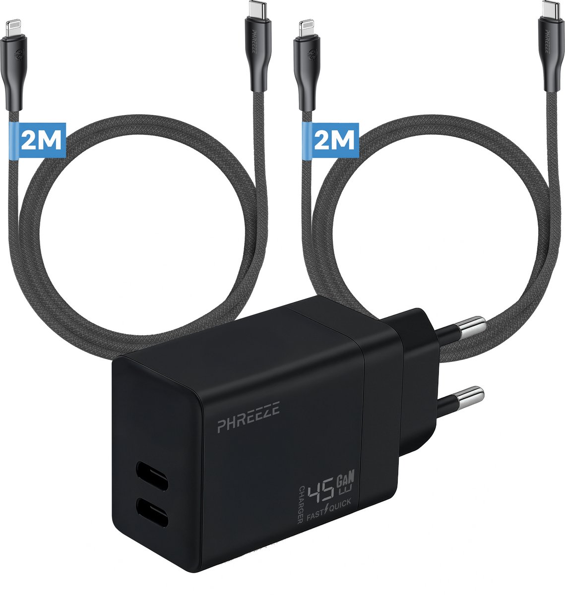 Phreeze snellader geschikt voor iPhone 14 13 12 11 X 8 7 SE iPad 5 6 7 8 9 Air Pro Max Plus - 45w dual usb C adapter - Geschikt voor Lightning naar usb C kabels inbegrepen 2m