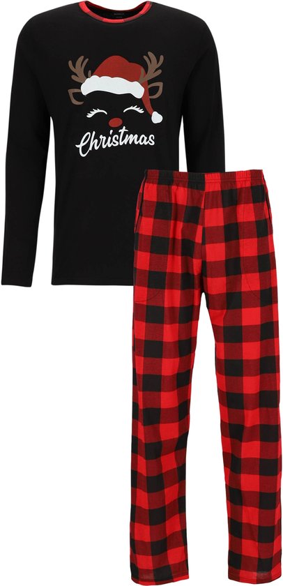 Kerstpyjama heren zwart met geruite broek