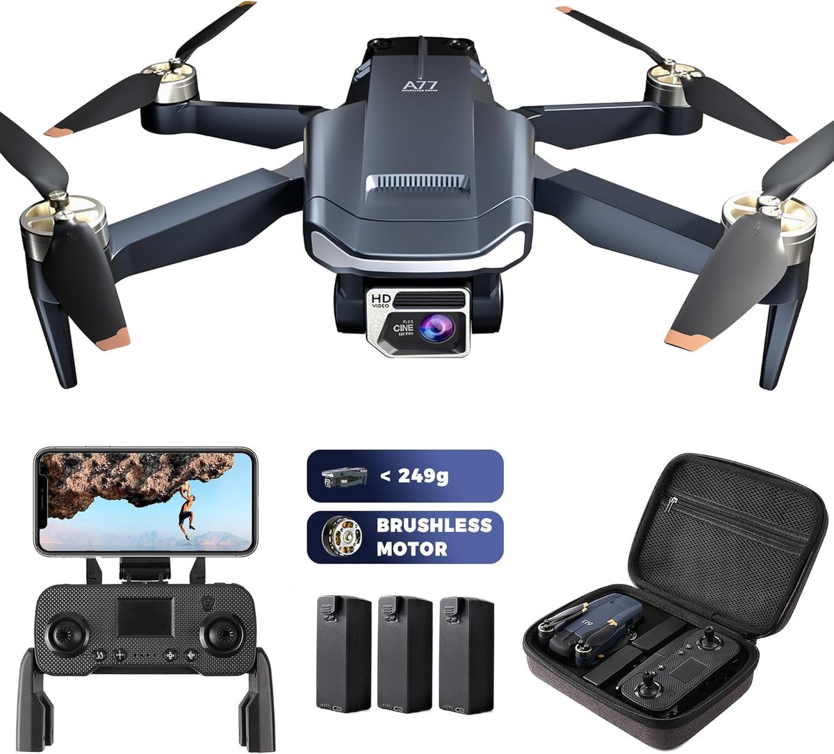 SkyMaster A77 Ultra Drone met 4K HD Camera, 84 Minuten Vluchtduur, 800m Bereik, Brushless Motor, Opvouwbaar Ontwerp & Automatisch Volgen – Perfect voor Beginners – Novihome
