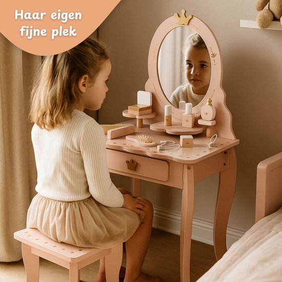 OOOK make-uptafel voor kinderen, kindermake-uptafel met kruk en spiegel, meisjeskaptafel van hout, kindermake-uptafel voor meisjes vanaf 3 jaar, roze