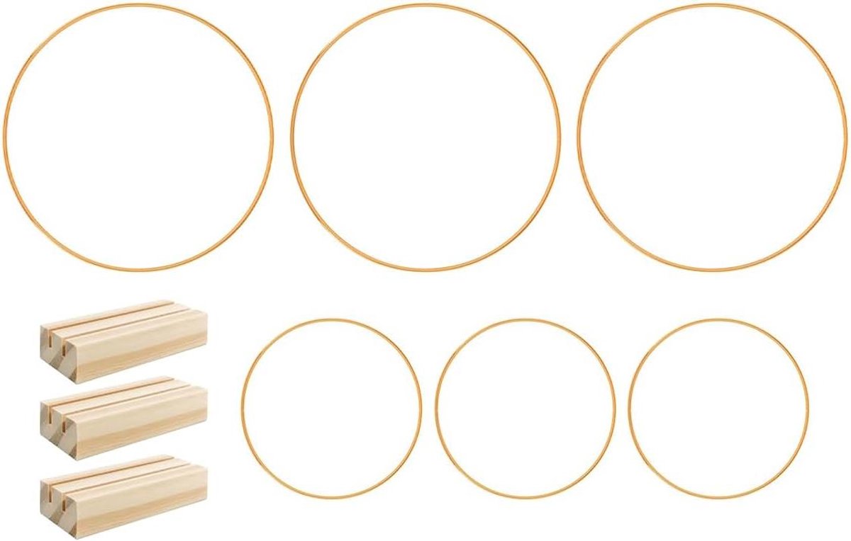EGoods - Metalen bloemen hoepel middelpunt 30cm + 25cm gouden krans hoepel ringen met houten standaards voor doe-het-zelf bloemen macramé - Bruiloft tafeldecoratie
