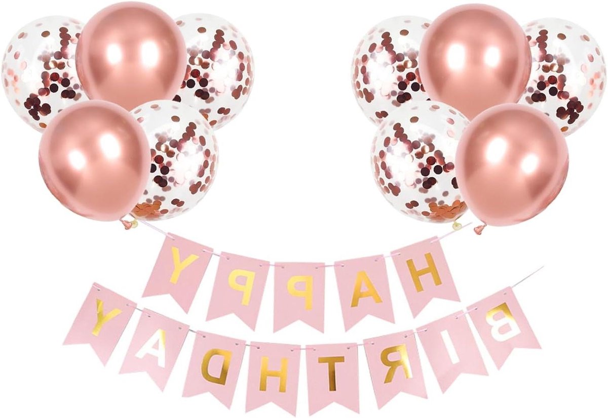 EGoods - Verjaardagsset ballonnen in roségoud, Happy Birthday decoratie slinger met meisjes thema