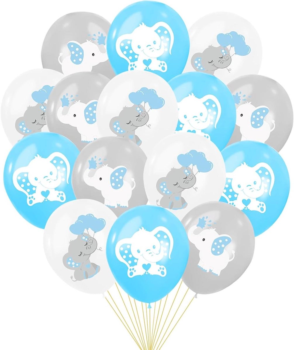 EGoods - Babyshower decoratie voor jongens - 15 stuks olifanten ballonnen - Blauw, wit, grijs - Baby boy decoratie - Gender reveal party deco - Helium-inclusief